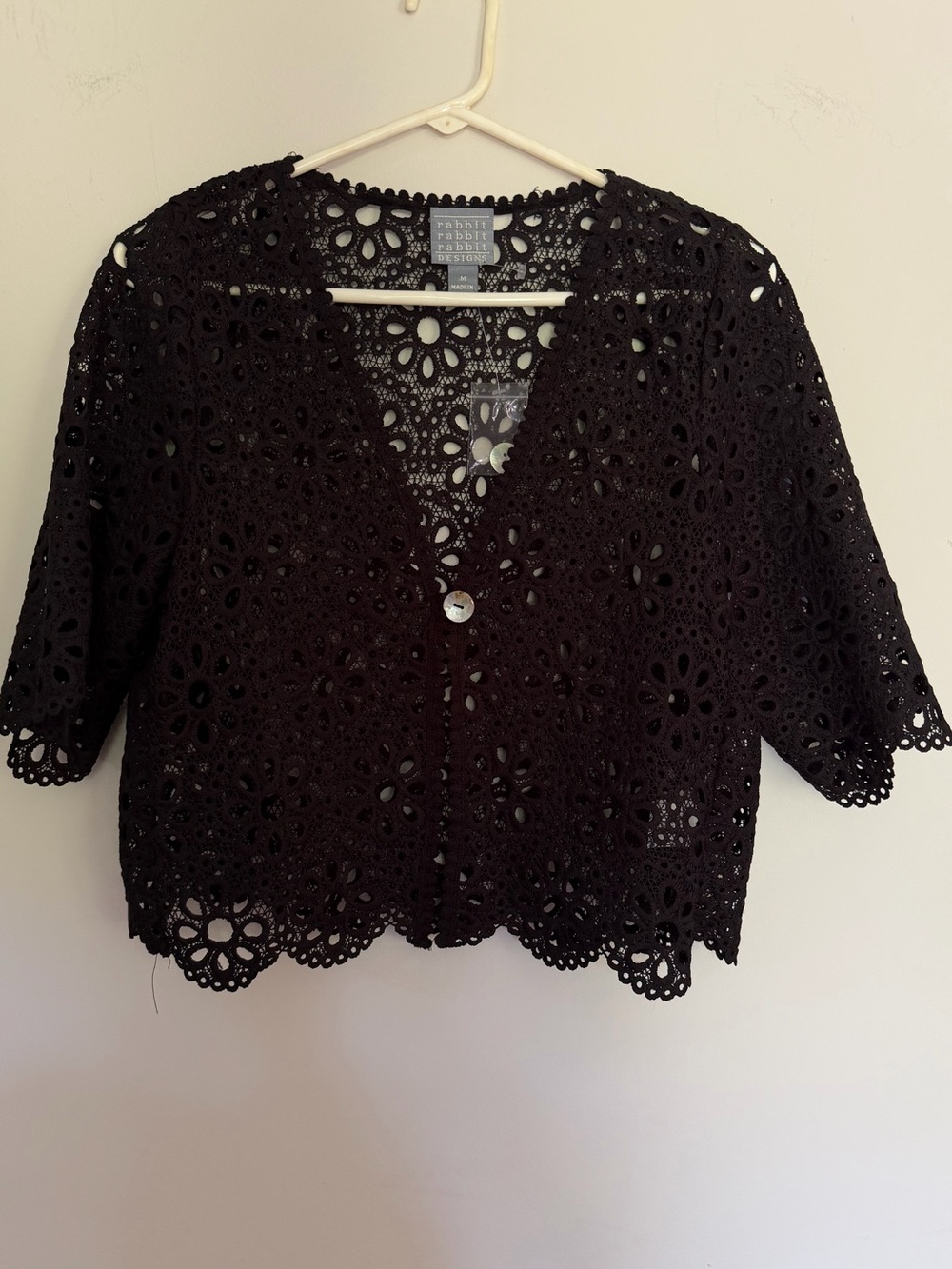 NWOT Rabbit Rabbit Rabbit Black Floral Crochet Button Front Cardigan M Medium